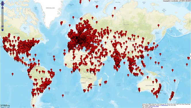 World map showing global ThingSpeak activity for a small snapshot in time.
